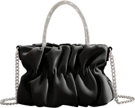 Women Evening Purse Handbags Rhinestone Handle Soft Leather Ruched Bag Bridal Clutch Wedding Party Crossbody Bag