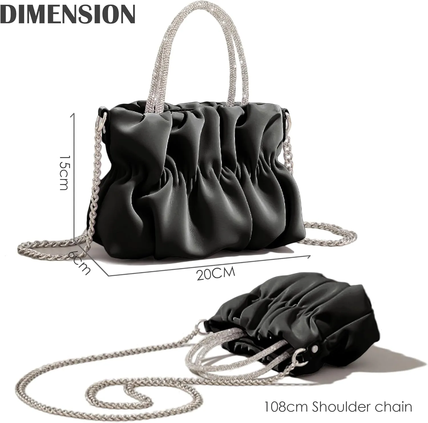 Women Evening Purse Handbags Rhinestone Handle Soft Leather Ruched Bag Bridal Clutch Wedding Party Crossbody Bag
